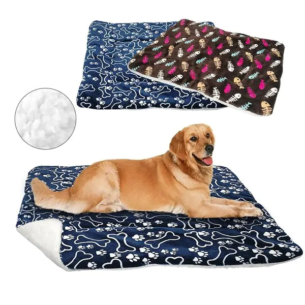 Dog Bed, Coral Fleece Mat, Blue Bone, Brown Fishbone