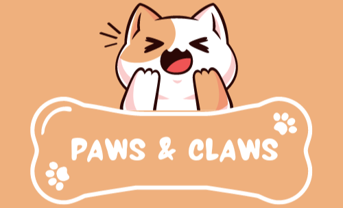 Cartoon cat with a bone-shaped sign that says 'Paws & Claws' on a beige background