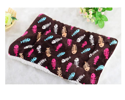 Dog Bed, Coral Fleece Mat, Blue Bone, Brown Fishbone